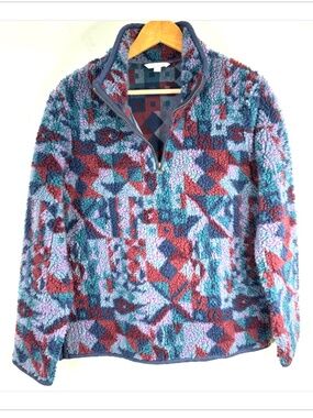 LL Bean Geometric Sherpa Fleece 1/4 Zip S Purple Aztec Print Gorpcore Hiking 90s
